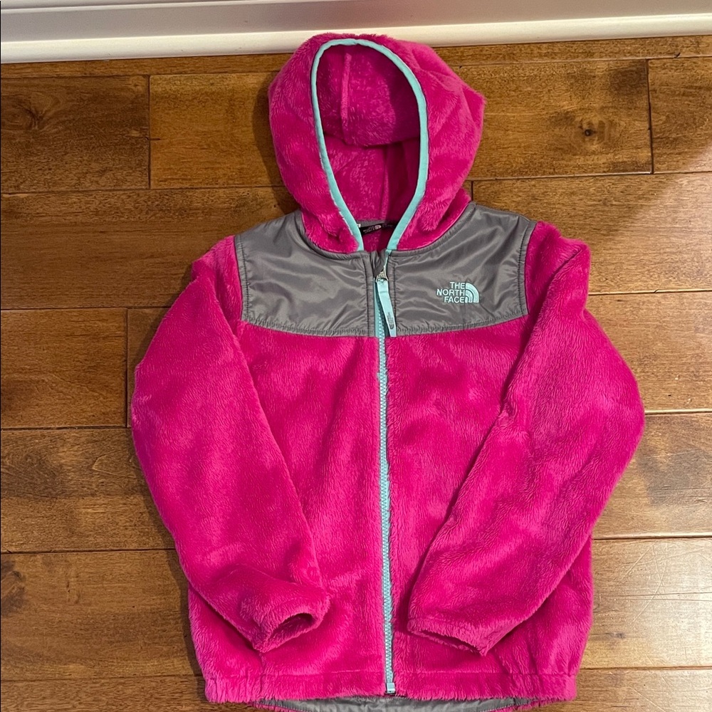 The North Face Hot Pink Fleece Hooded Jacket with Gray Yoke